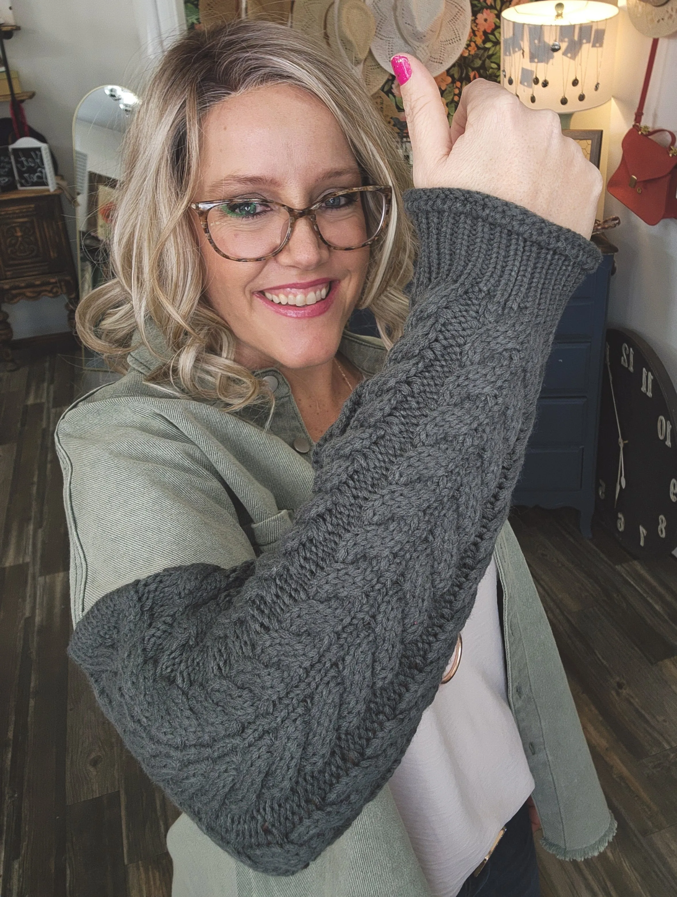 Sidney Mixed Knit Denim Jacket in Olive * on sale