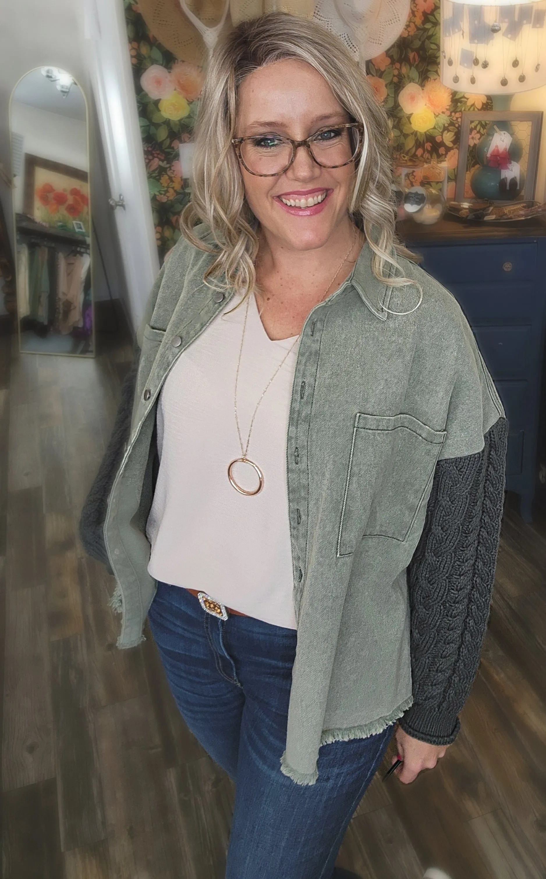 Sidney Mixed Knit Denim Jacket in Olive * on sale