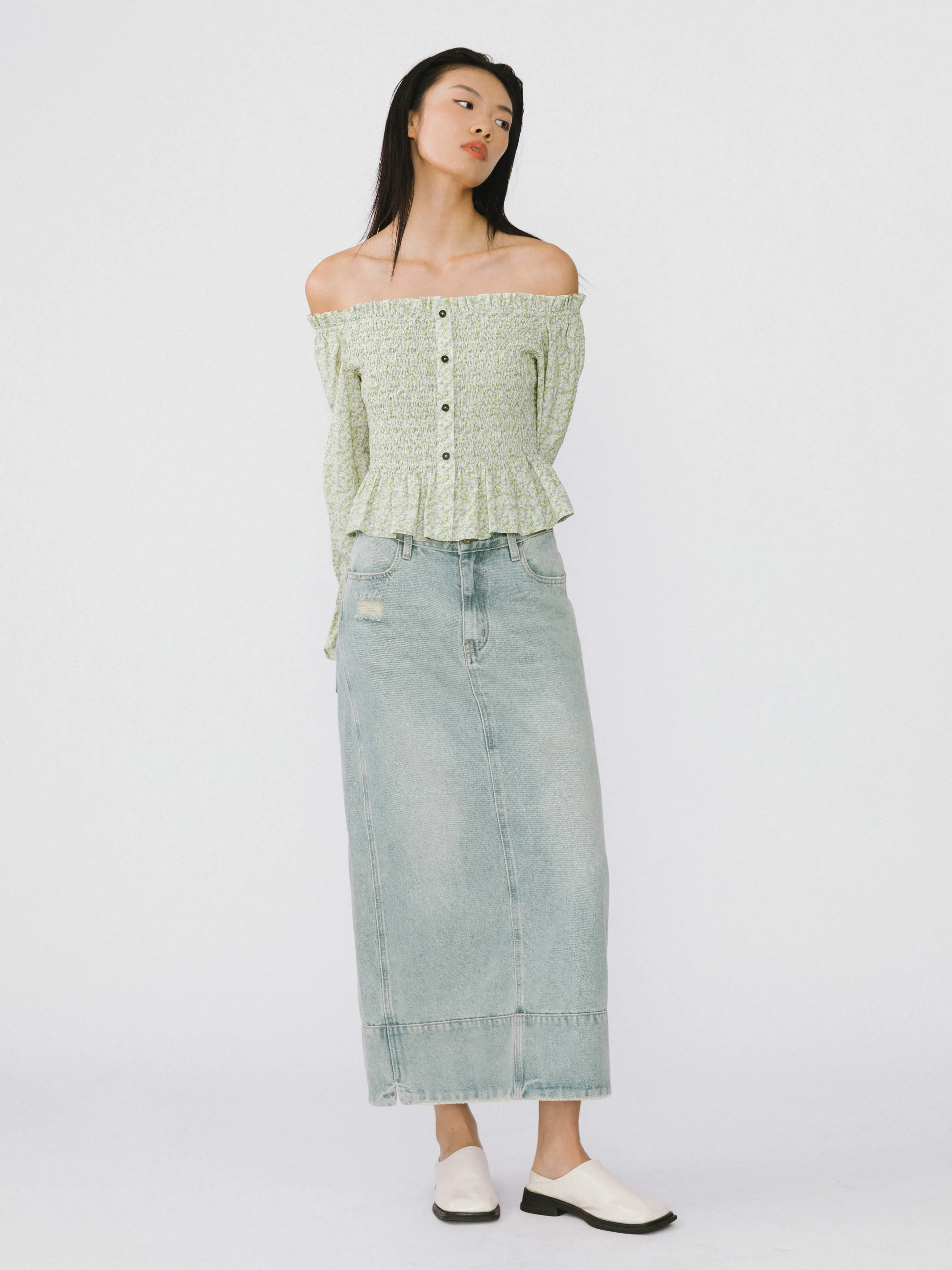 Straight Leg Washed Denim Skirt