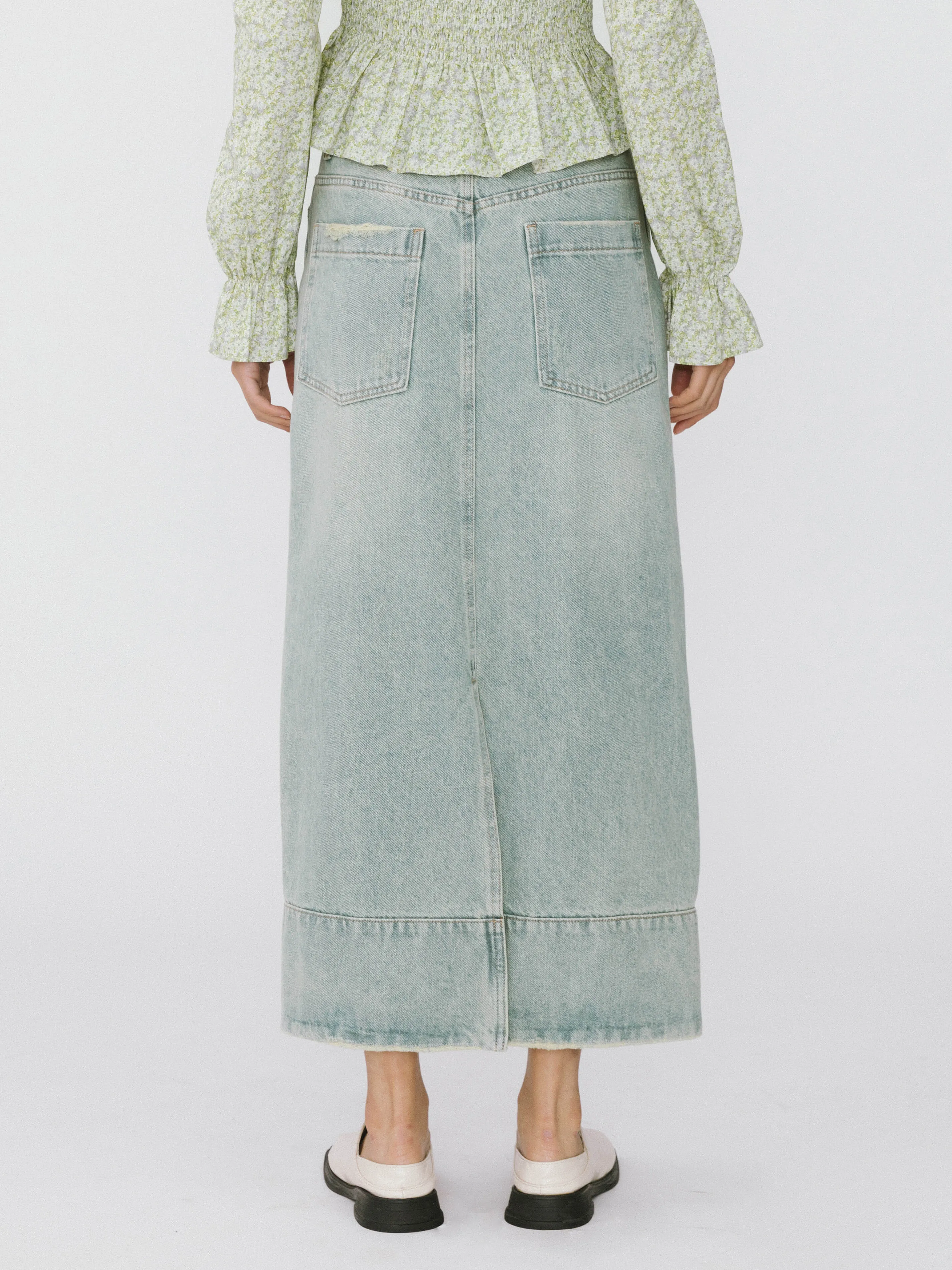 Straight Leg Washed Denim Skirt