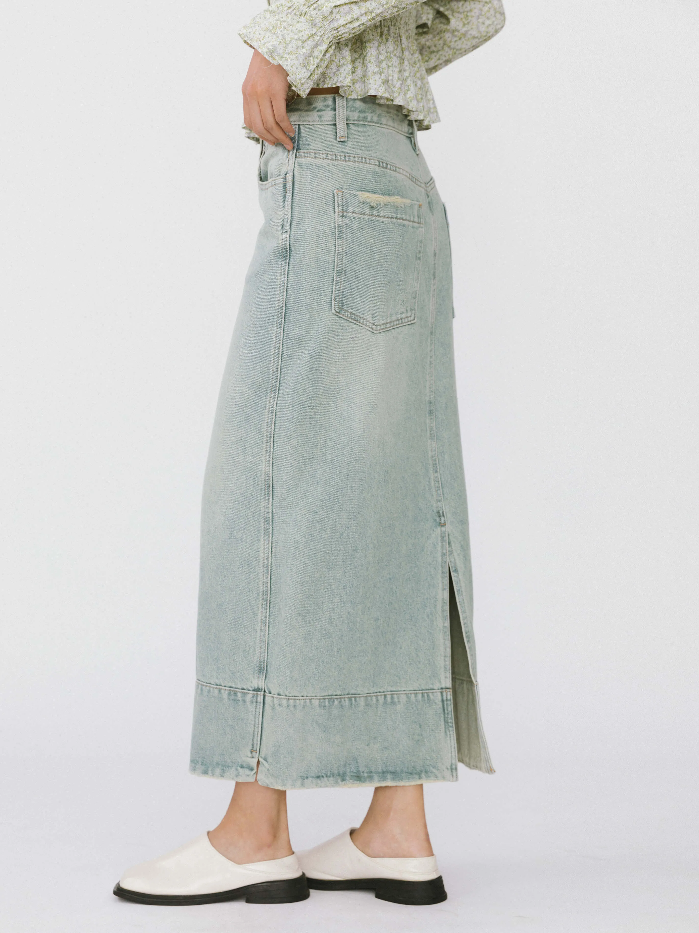 Straight Leg Washed Denim Skirt