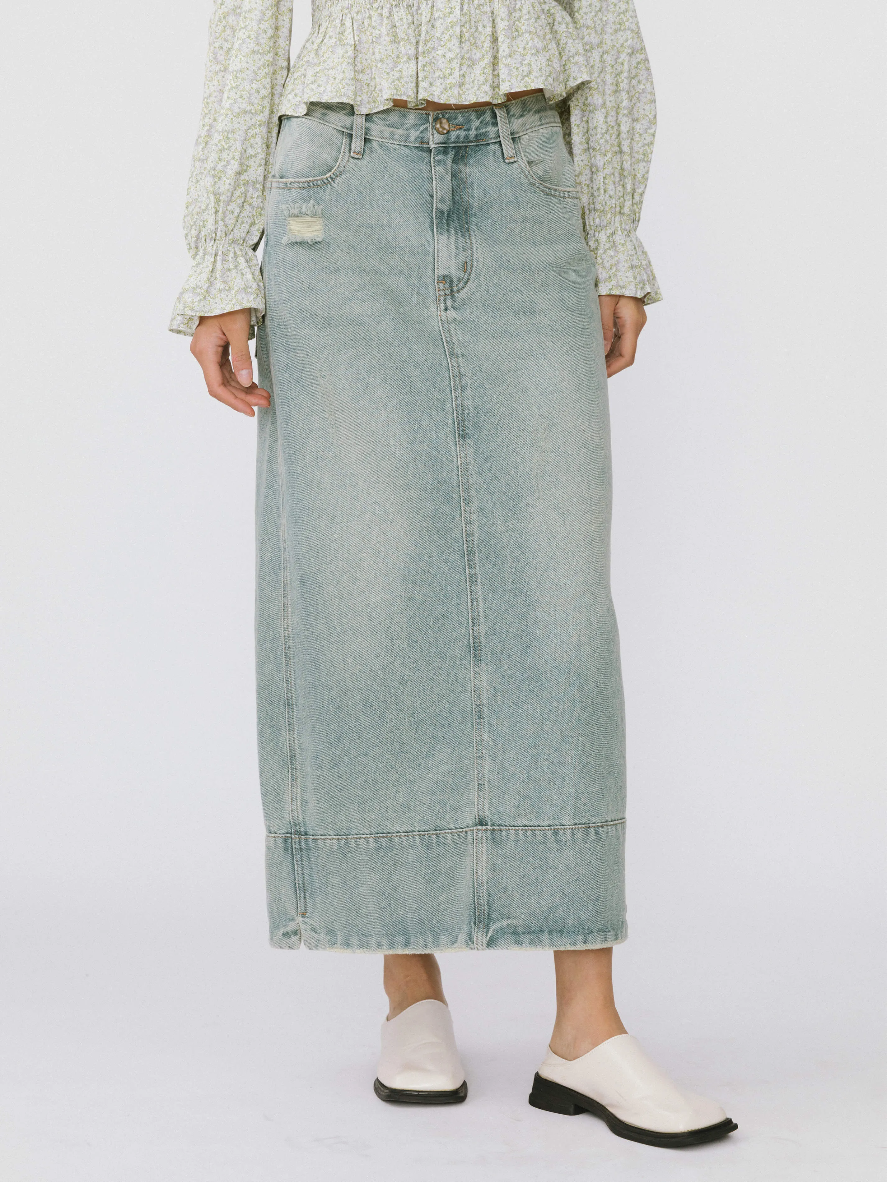 Straight Leg Washed Denim Skirt