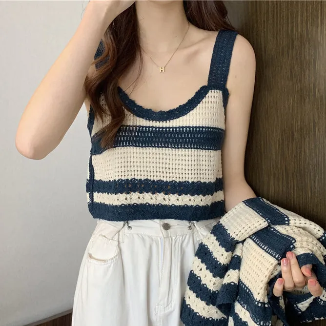Striped Knit Tank Top Long Sleeve Cardigan Set