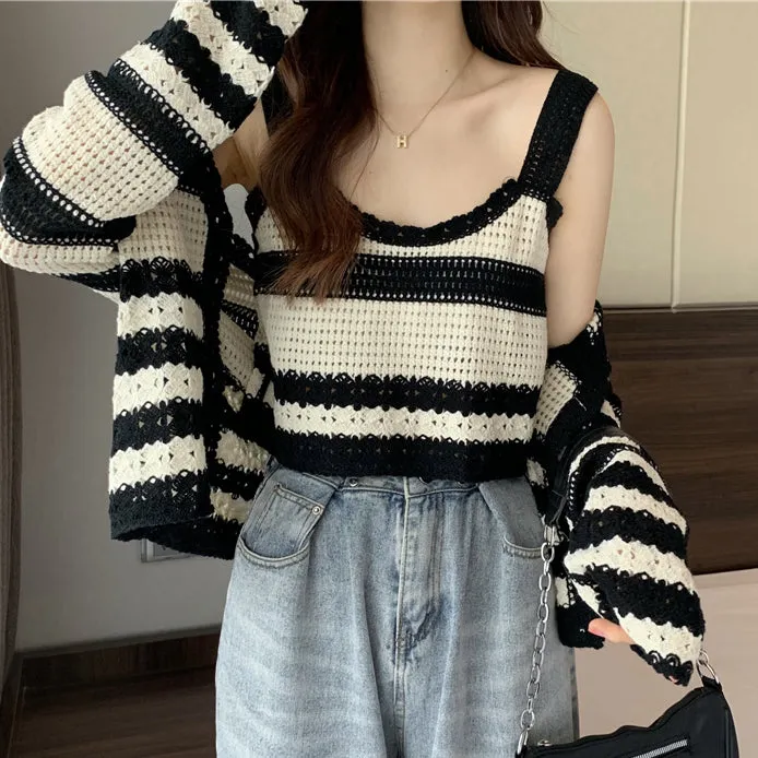 Striped Knit Tank Top Long Sleeve Cardigan Set