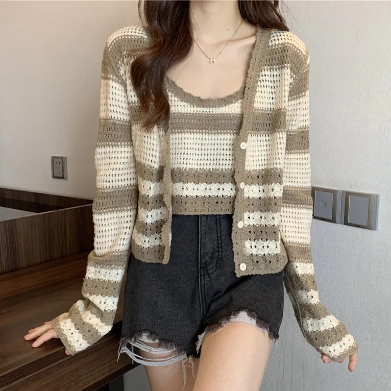 Striped Knit Tank Top Long Sleeve Cardigan Set
