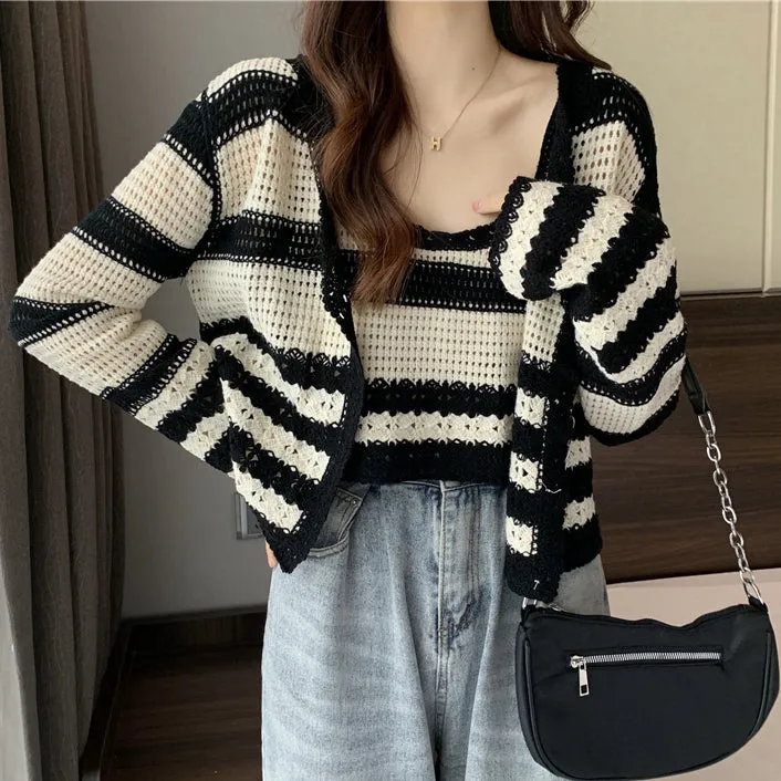 Striped Knit Tank Top Long Sleeve Cardigan Set