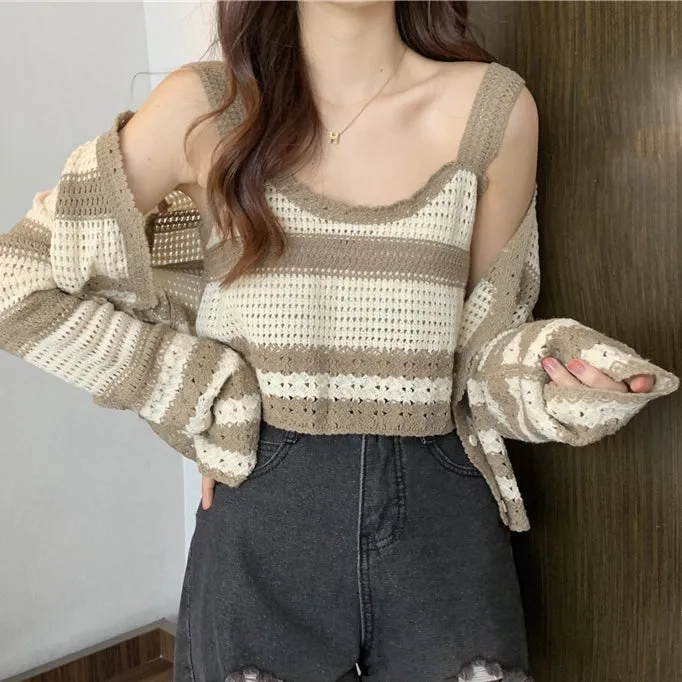 Striped Knit Tank Top Long Sleeve Cardigan Set