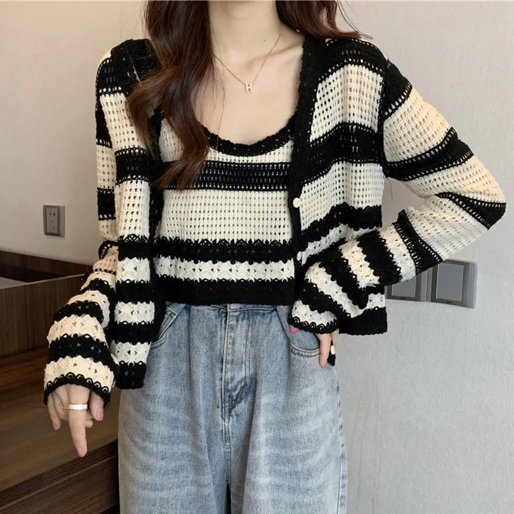 Striped Knit Tank Top Long Sleeve Cardigan Set
