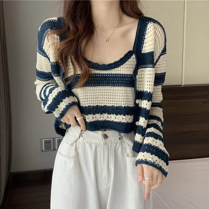 Striped Knit Tank Top Long Sleeve Cardigan Set