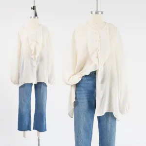 Vintage 90s Cream Semi Sheer Blouse Tuxedo Ruffle Long Sleeve Top size L XL