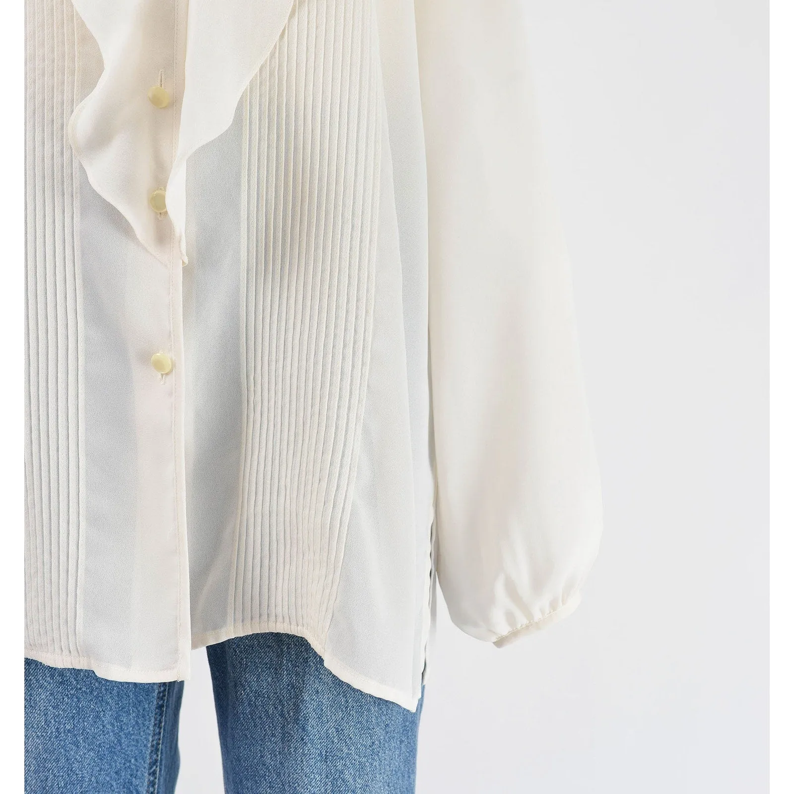 Vintage 90s Cream Semi Sheer Blouse Tuxedo Ruffle Long Sleeve Top size L XL
