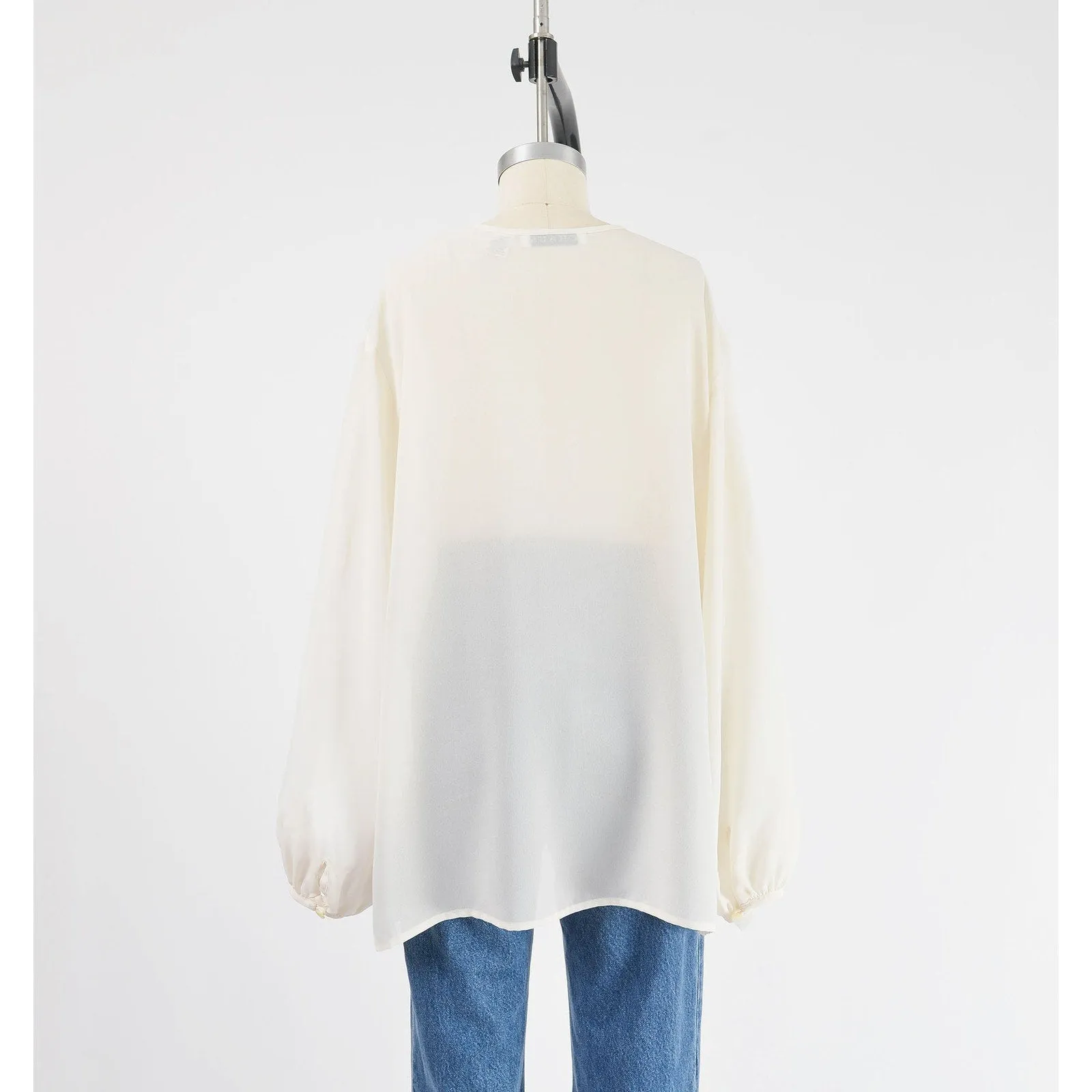 Vintage 90s Cream Semi Sheer Blouse Tuxedo Ruffle Long Sleeve Top size L XL