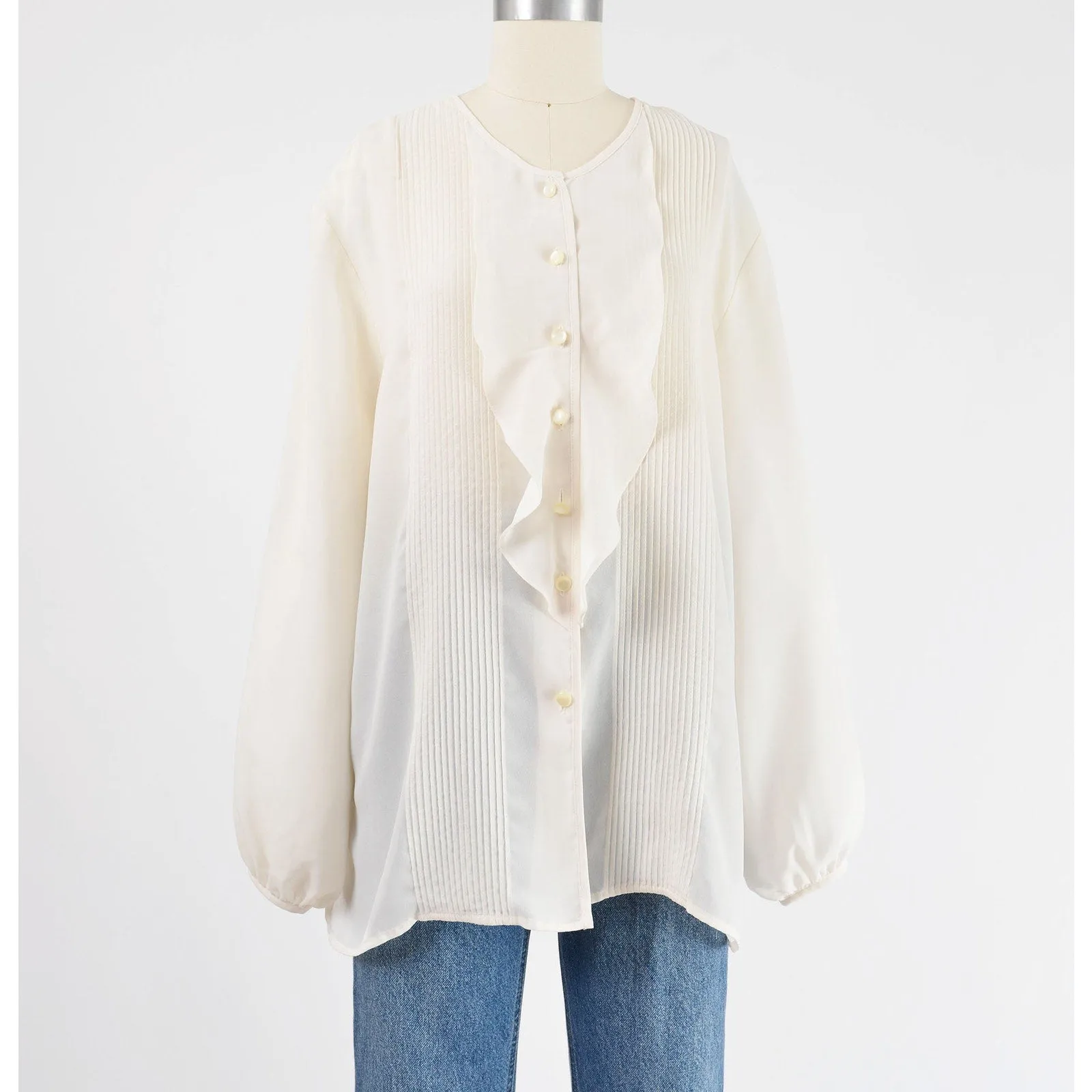 Vintage 90s Cream Semi Sheer Blouse Tuxedo Ruffle Long Sleeve Top size L XL