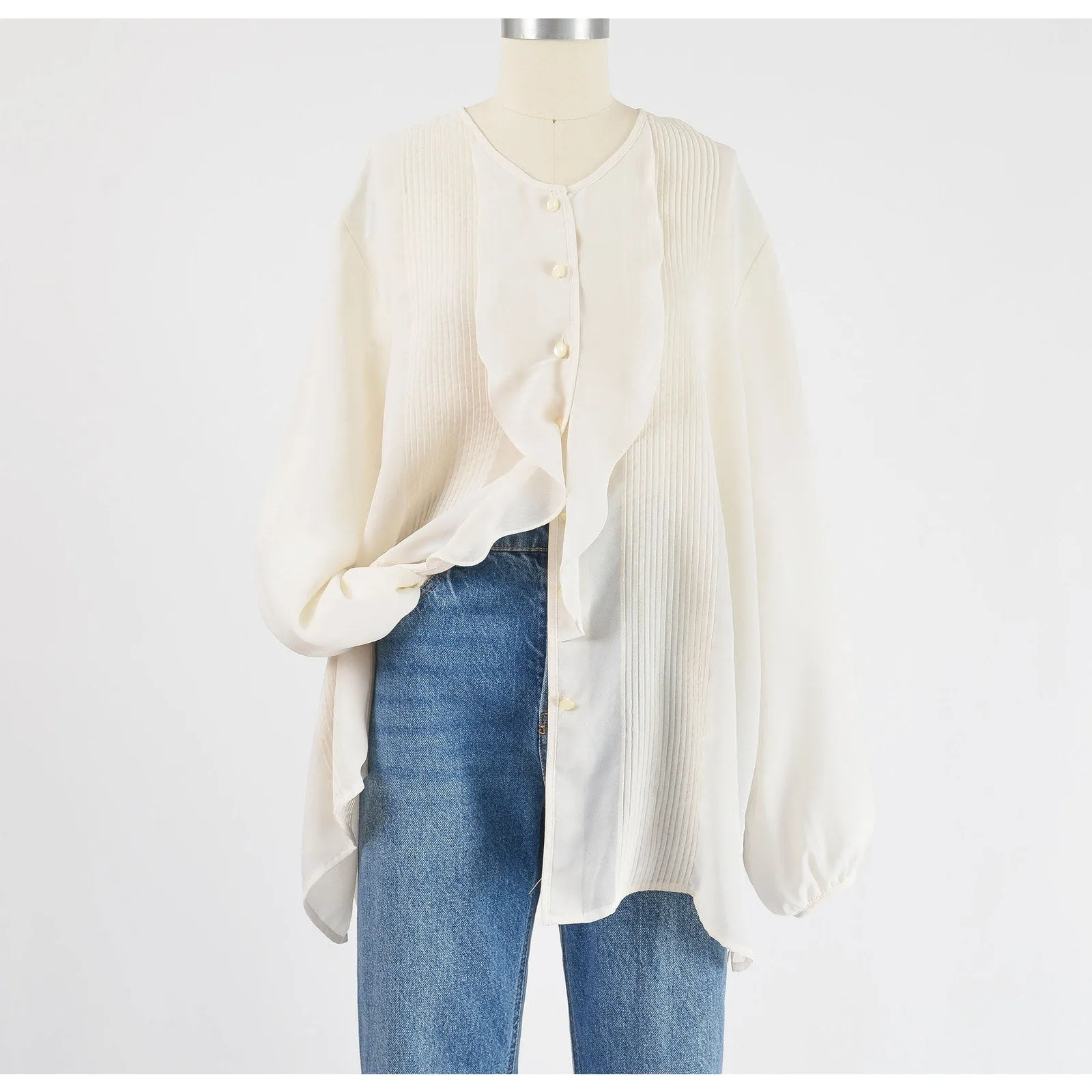 Vintage 90s Cream Semi Sheer Blouse Tuxedo Ruffle Long Sleeve Top size L XL