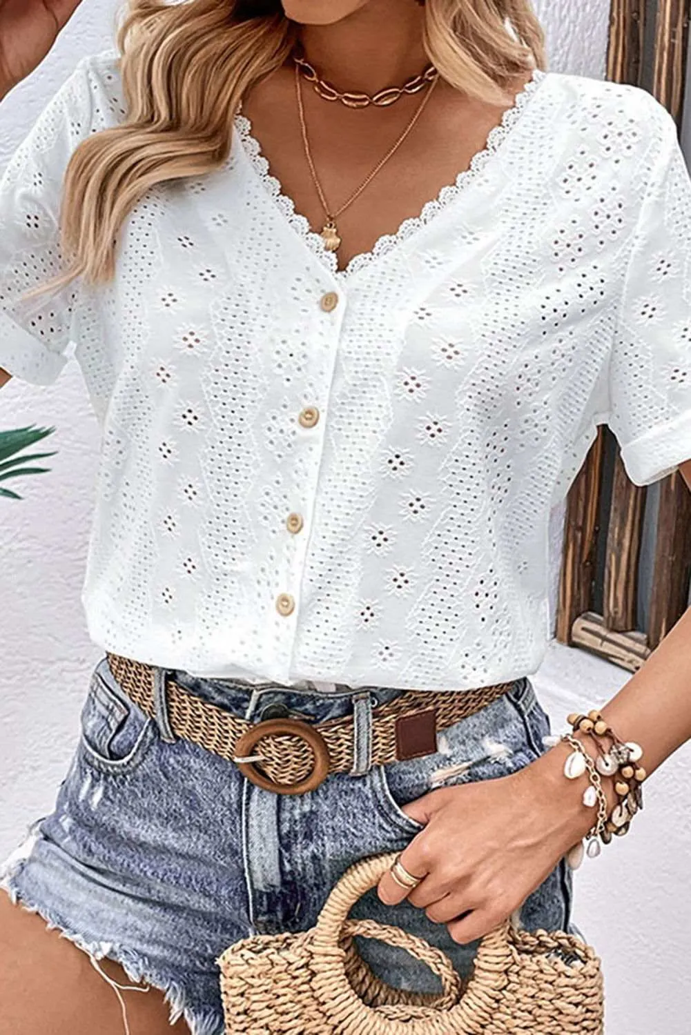 White Reversible V Neck Tab Sleeve Lace Embroidered Blouse