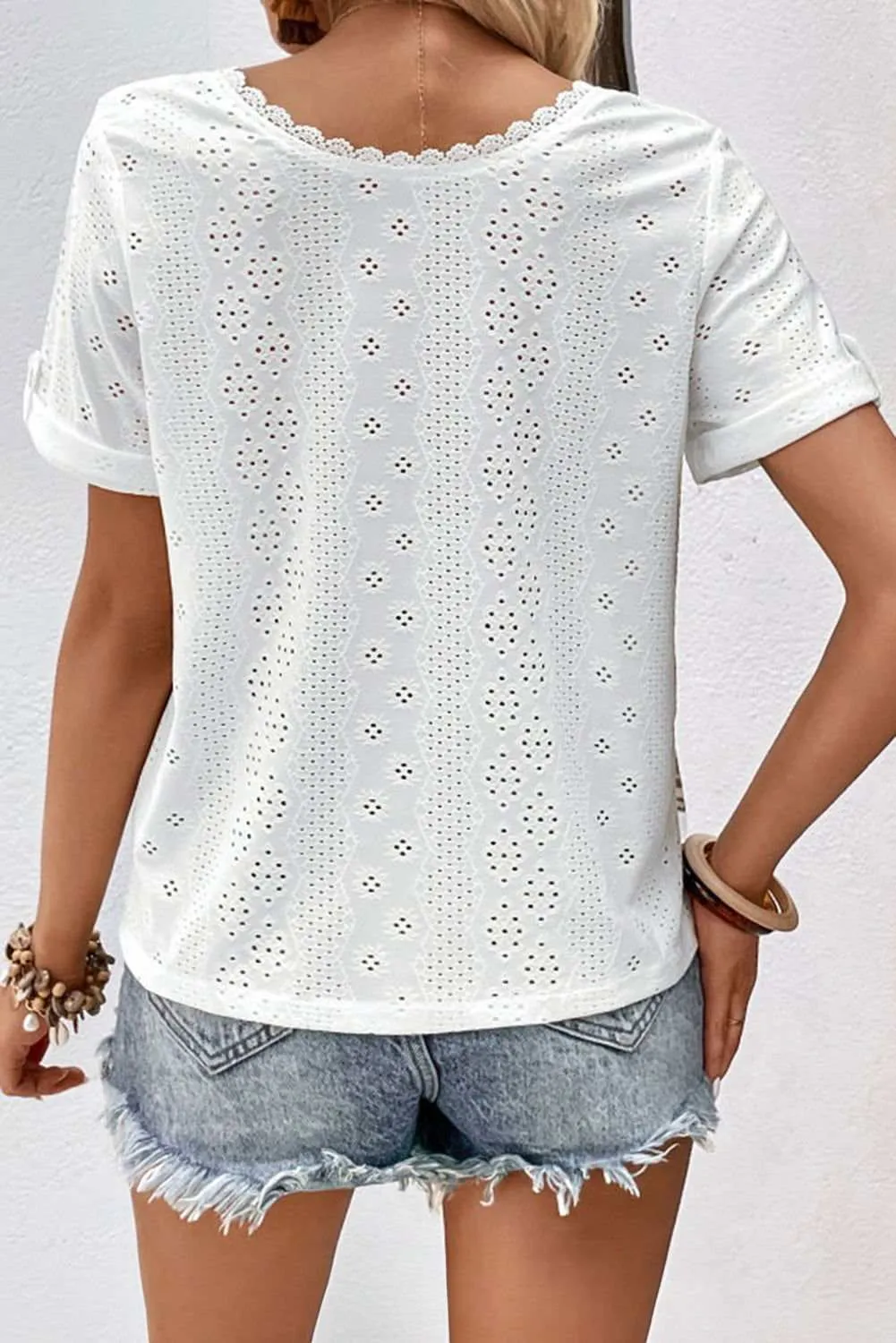 White Reversible V Neck Tab Sleeve Lace Embroidered Blouse