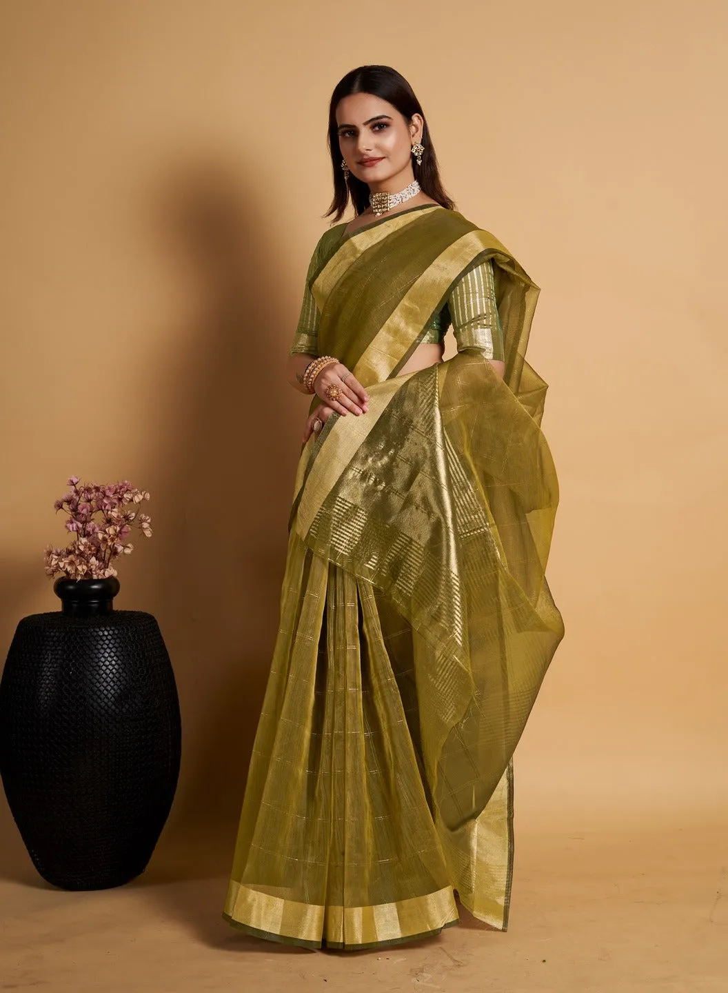 Women Party Wear Weaving Organza Silk Green colour Saree with Un-Stitched Blouse