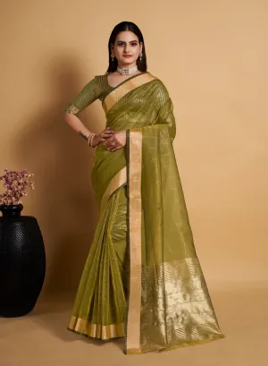 Women Party Wear Weaving Organza Silk Green colour Saree with Un-Stitched Blouse