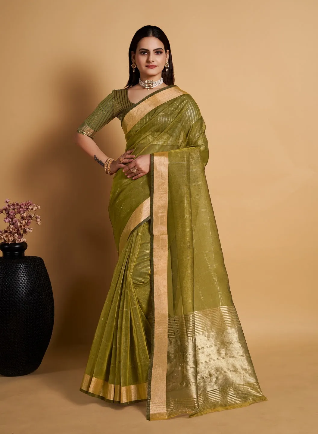 Women Party Wear Weaving Organza Silk Green colour Saree with Un-Stitched Blouse