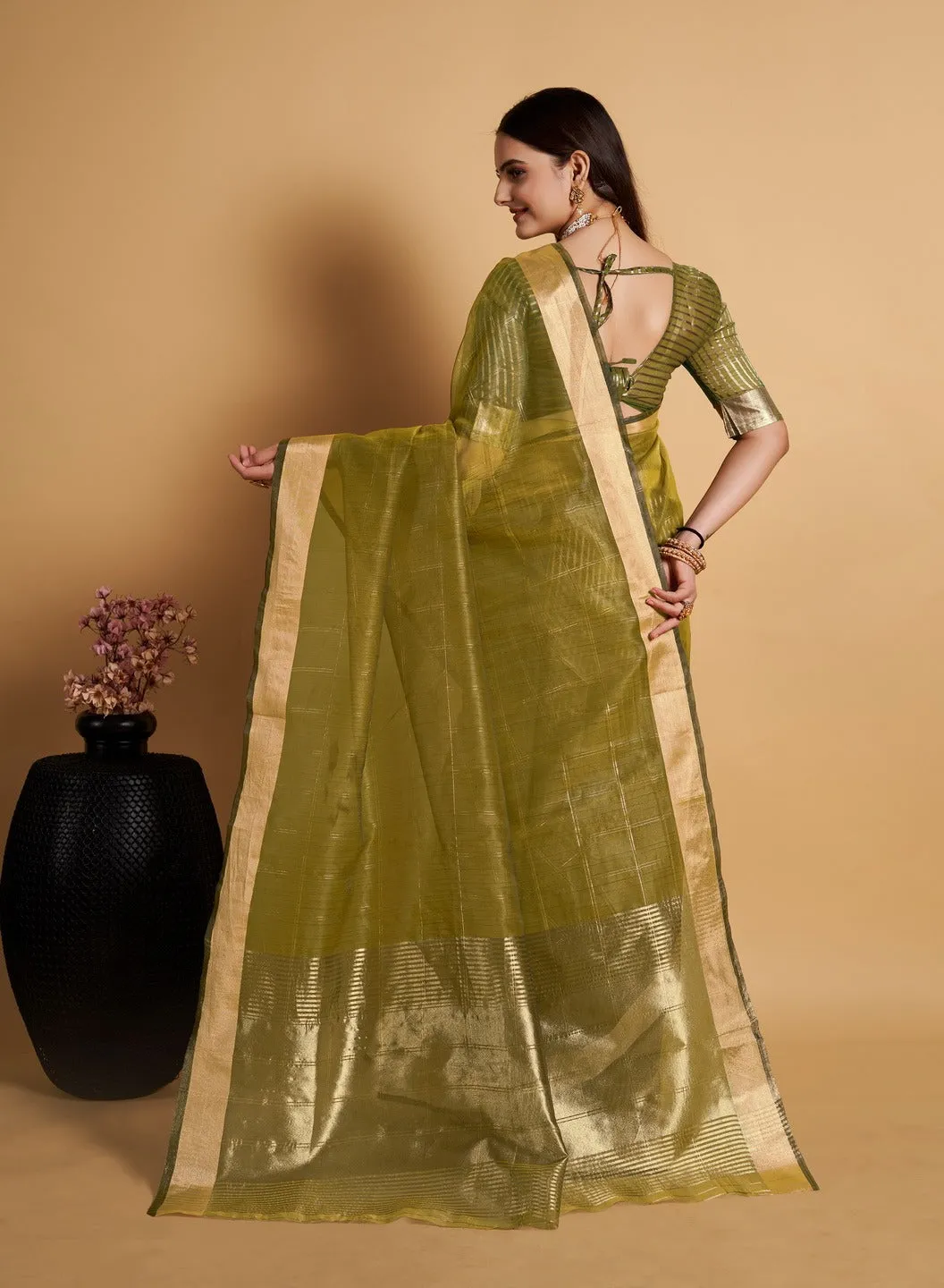 Women Party Wear Weaving Organza Silk Green colour Saree with Un-Stitched Blouse